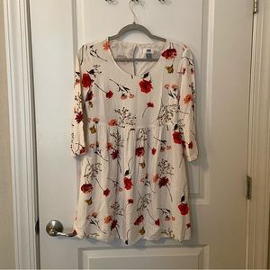 Old Navy Cream Floral Dress, Three Quarter Sleeve, Flowy Drop Waist